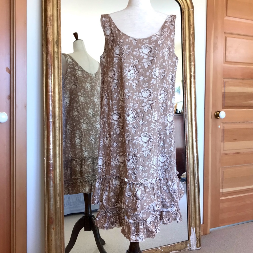 Cotton Toile Print Sleeveless Ruffle Hem Dress
